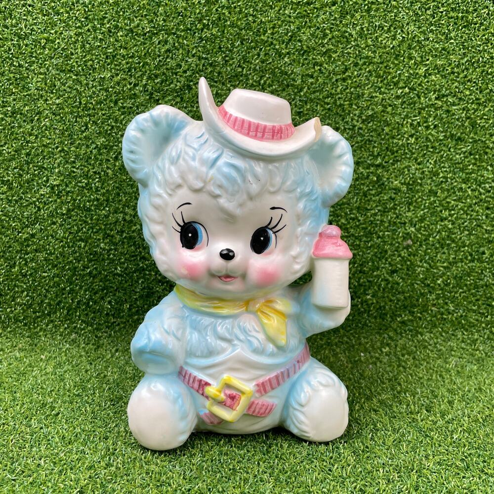Vintage Baby Teddy Bear Planter Cowboy Hat Bottle Nursery Decor 1960s MCM